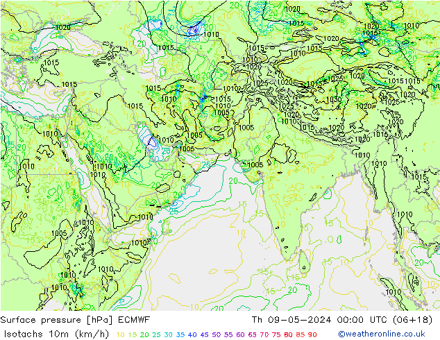 Isotachs (kph) ECMWF Qui 09.05.2024 00 UTC