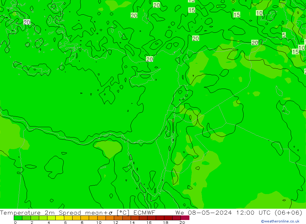mapa temperatury 2m Spread ECMWF śro. 08.05.2024 12 UTC
