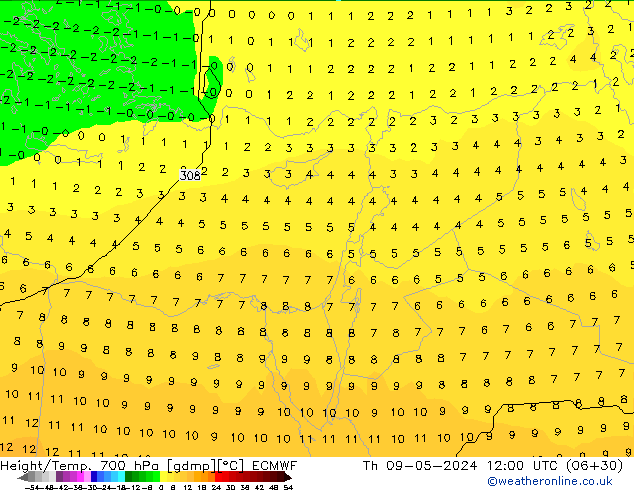 Height/Temp. 700 hPa ECMWF Qui 09.05.2024 12 UTC