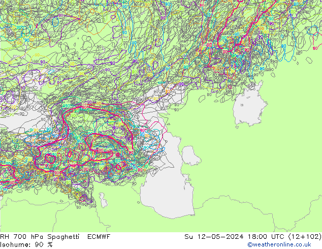 RH 700 hPa Spaghetti ECMWF dom 12.05.2024 18 UTC