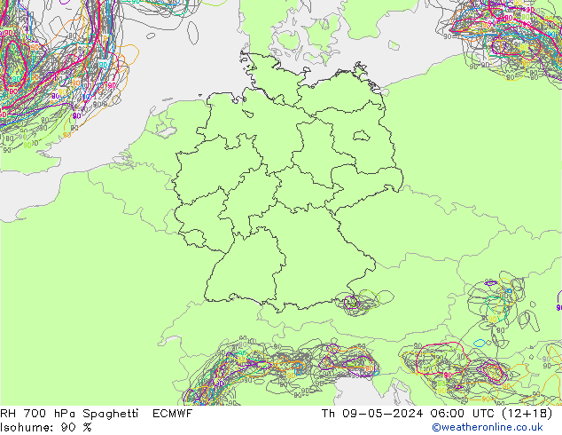 RH 700 hPa Spaghetti ECMWF Qui 09.05.2024 06 UTC