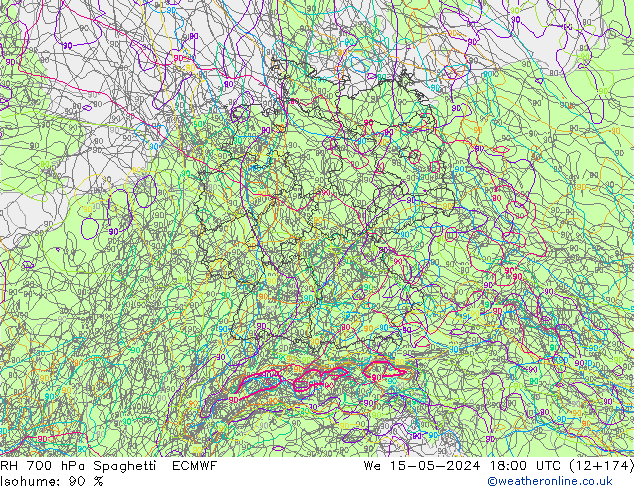 Humidité rel. 700 hPa Spaghetti ECMWF mer 15.05.2024 18 UTC