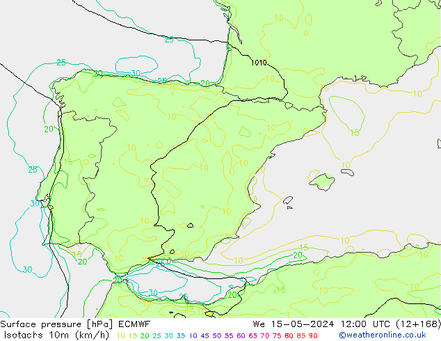 Isotachs (kph) ECMWF mer 15.05.2024 12 UTC