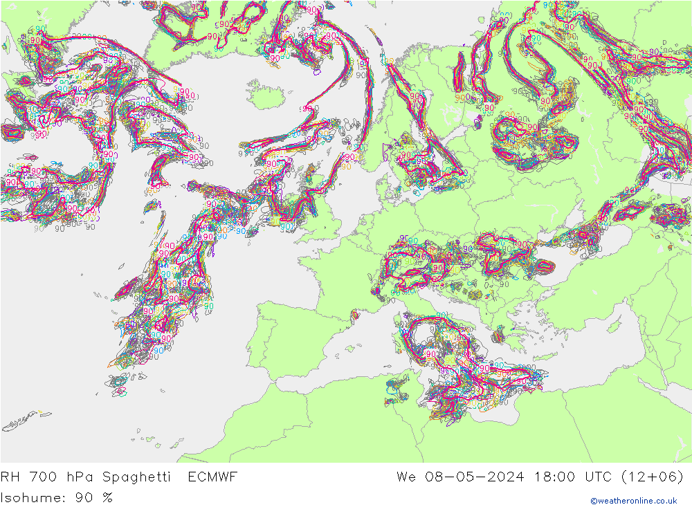 RH 700 hPa Spaghetti ECMWF St 08.05.2024 18 UTC