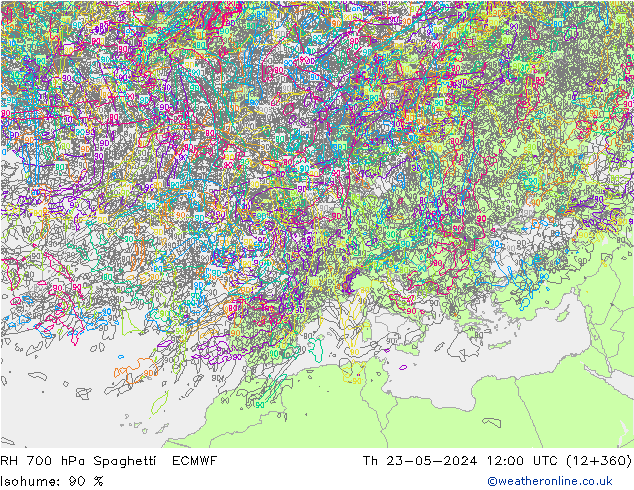 RH 700 hPa Spaghetti ECMWF Th 23.05.2024 12 UTC