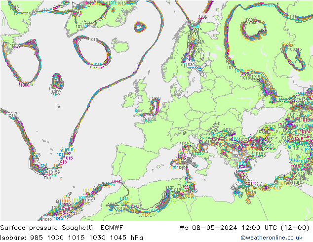 地面气压 Spaghetti ECMWF 星期三 08.05.2024 12 UTC