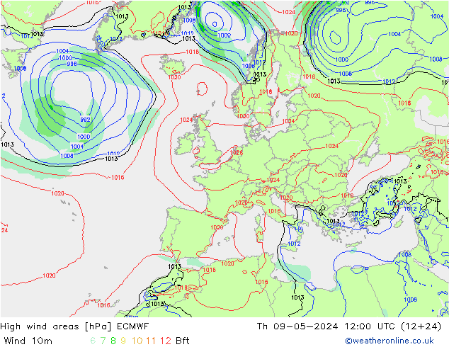 High wind areas ECMWF Th 09.05.2024 12 UTC