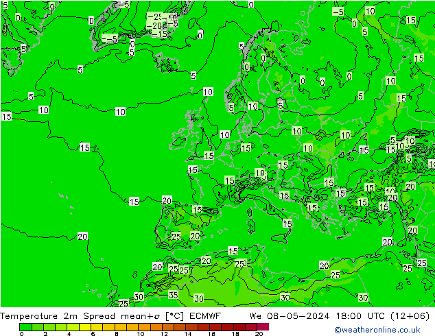 mapa temperatury 2m Spread ECMWF śro. 08.05.2024 18 UTC