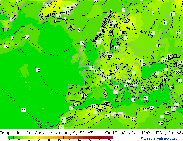 Temperature 2m Spread ECMWF We 15.05.2024 12 UTC