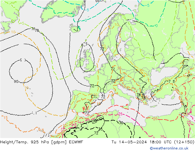 Height/Temp. 925 hPa ECMWF Tu 14.05.2024 18 UTC
