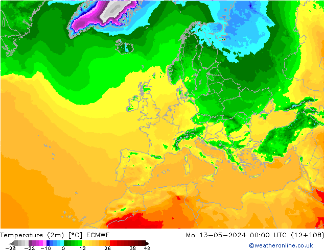 карта температуры ECMWF пн 13.05.2024 00 UTC