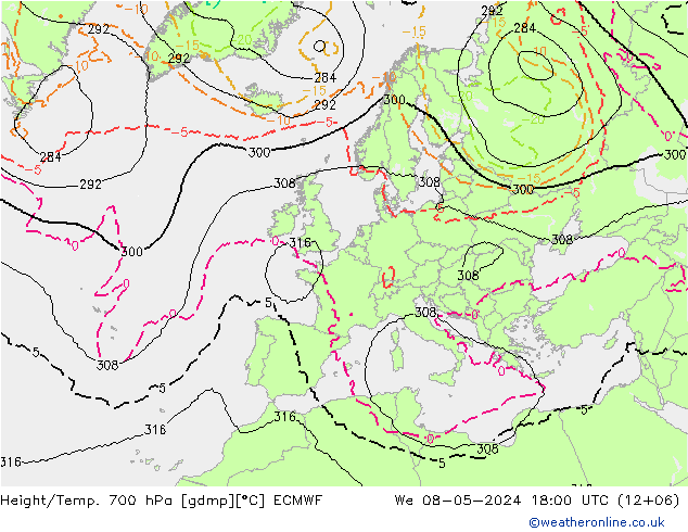 Height/Temp. 700 hPa ECMWF 星期三 08.05.2024 18 UTC