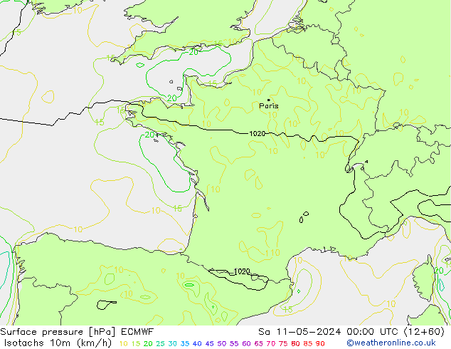 Isotachs (kph) ECMWF Sa 11.05.2024 00 UTC