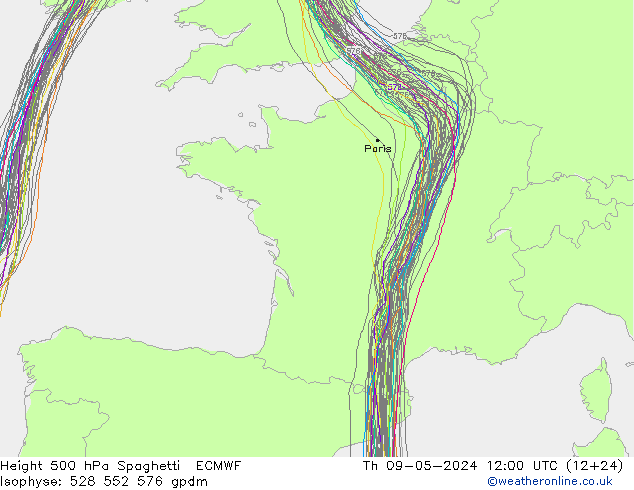 Height 500 hPa Spaghetti ECMWF  09.05.2024 12 UTC