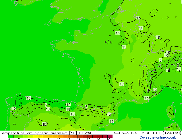 Temperatuurkaart Spread ECMWF di 14.05.2024 18 UTC