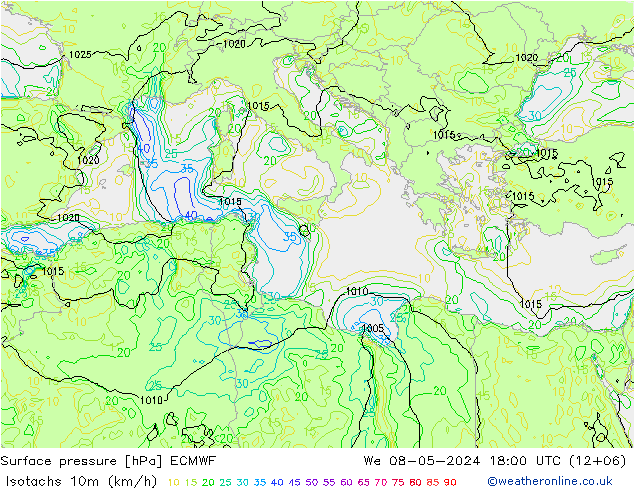 Isotachs (kph) ECMWF We 08.05.2024 18 UTC