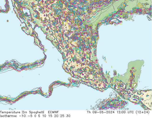 Temperatura 2m Spaghetti ECMWF jue 09.05.2024 12 UTC