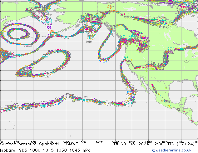 Surface pressure Spaghetti ECMWF Th 09.05.2024 12 UTC