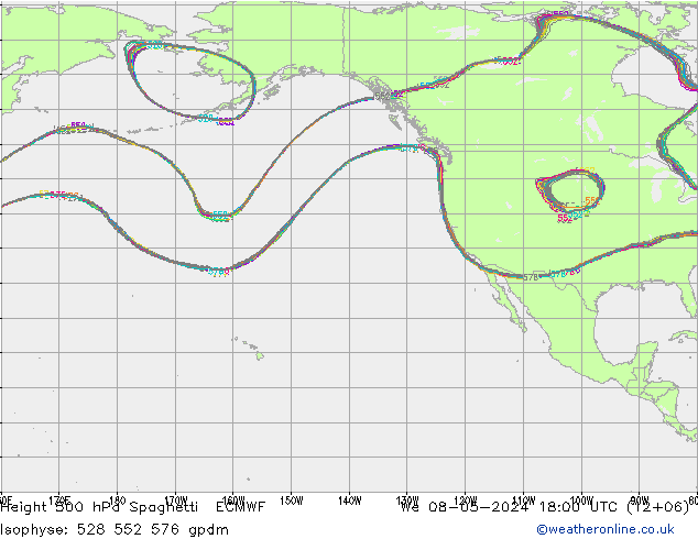 Height 500 hPa Spaghetti ECMWF Mi 08.05.2024 18 UTC