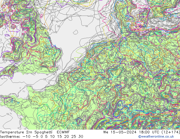Temperatura 2m Spaghetti ECMWF Qua 15.05.2024 18 UTC
