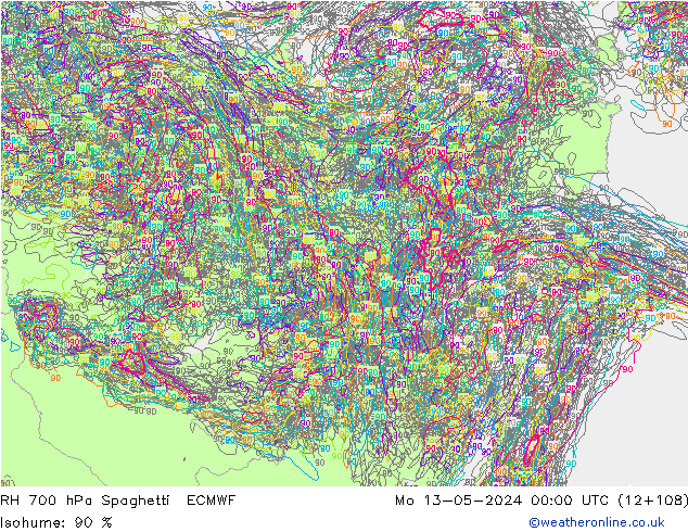 RH 700 hPa Spaghetti ECMWF Seg 13.05.2024 00 UTC