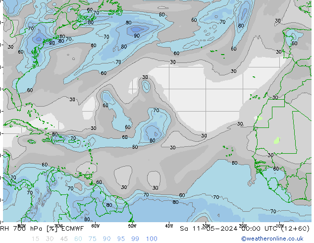 Humedad rel. 700hPa ECMWF sáb 11.05.2024 00 UTC