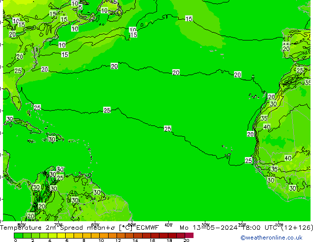 Temperature 2m Spread ECMWF Mo 13.05.2024 18 UTC