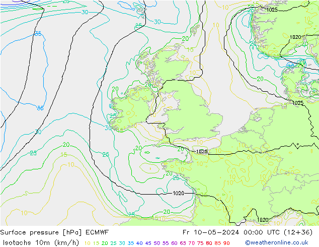 Isotachs (kph) ECMWF Fr 10.05.2024 00 UTC