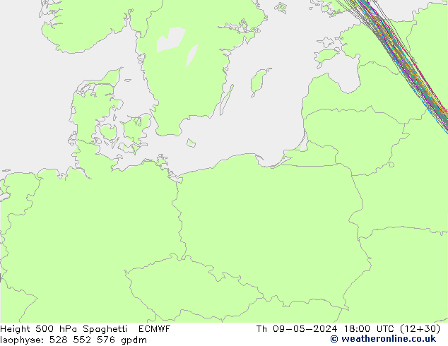 Height 500 hPa Spaghetti ECMWF Th 09.05.2024 18 UTC