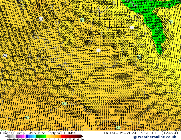 Height/Temp. 925 hPa ECMWF Čt 09.05.2024 12 UTC