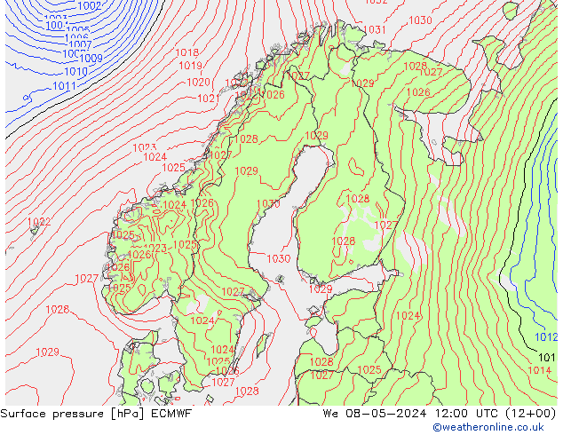 Presión superficial ECMWF mié 08.05.2024 12 UTC