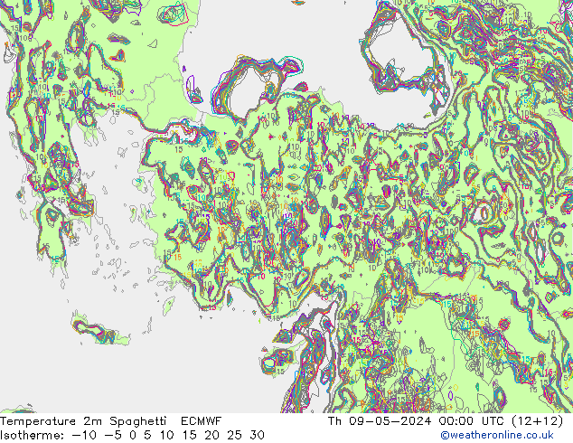 Temperature 2m Spaghetti ECMWF Čt 09.05.2024 00 UTC