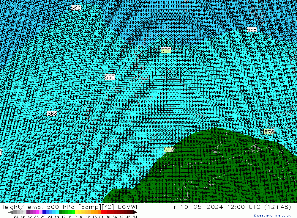 Hoogte/Temp. 500 hPa ECMWF vr 10.05.2024 12 UTC