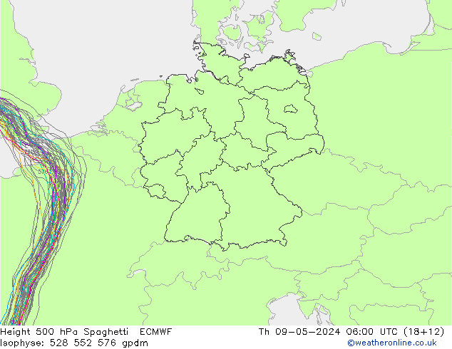 Height 500 hPa Spaghetti ECMWF czw. 09.05.2024 06 UTC