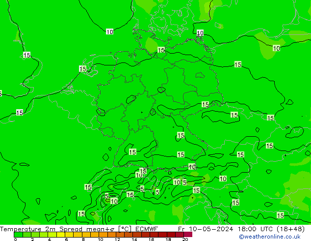 Temperature 2m Spread ECMWF Fr 10.05.2024 18 UTC