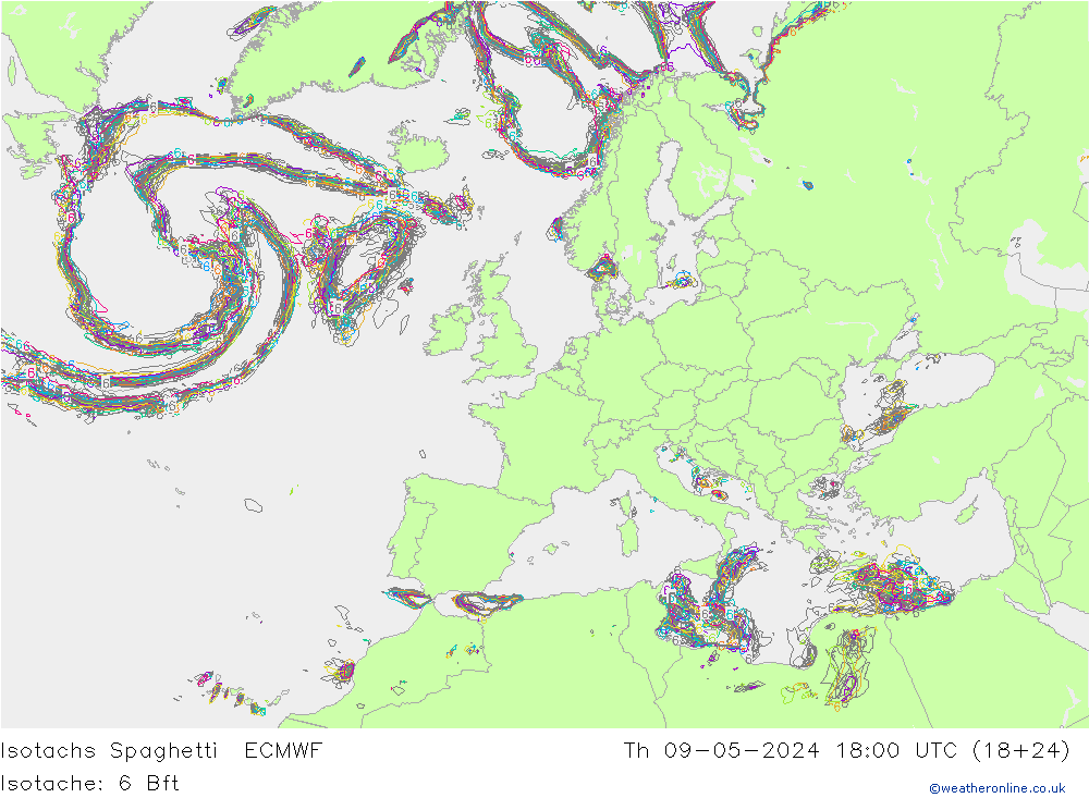 Isotachs Spaghetti ECMWF Qui 09.05.2024 18 UTC