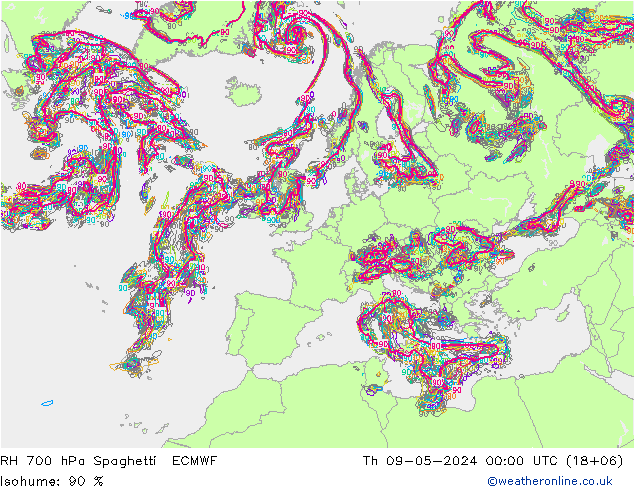RH 700 hPa Spaghetti ECMWF Qui 09.05.2024 00 UTC