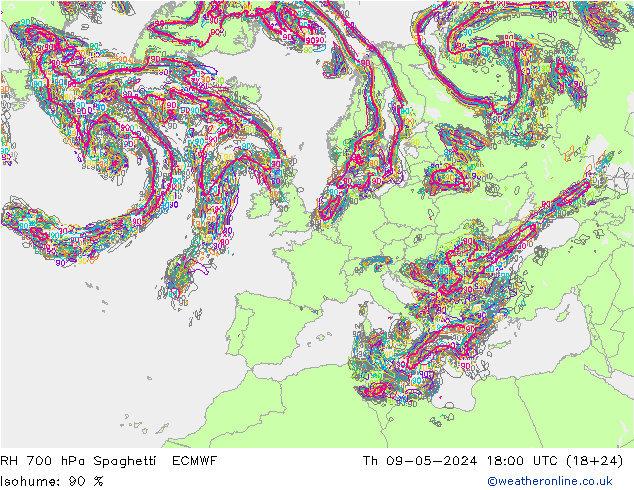 RH 700 hPa Spaghetti ECMWF Do 09.05.2024 18 UTC