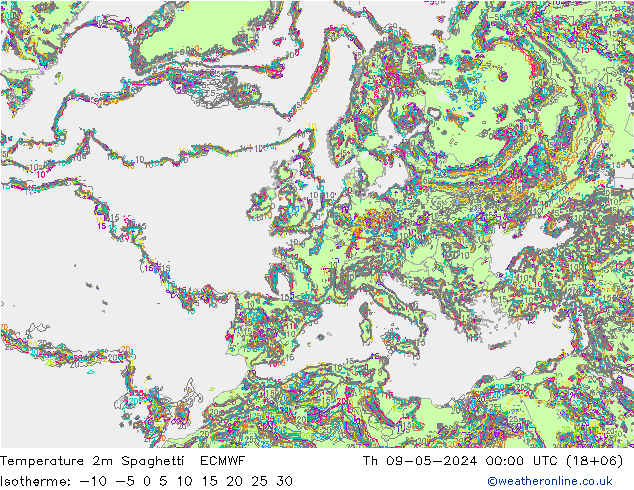 温度图 Spaghetti ECMWF 星期四 09.05.2024 00 UTC