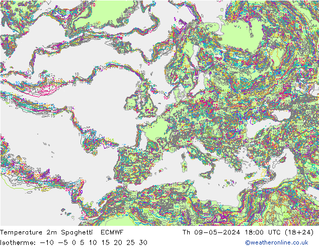 Temperatura 2m Spaghetti ECMWF gio 09.05.2024 18 UTC