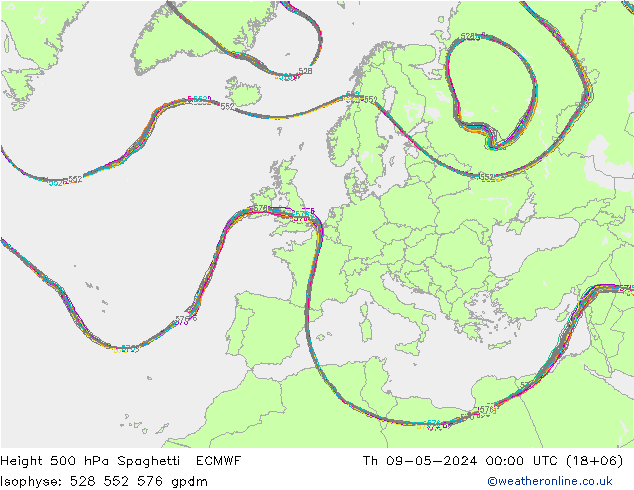 Height 500 hPa Spaghetti ECMWF 星期四 09.05.2024 00 UTC
