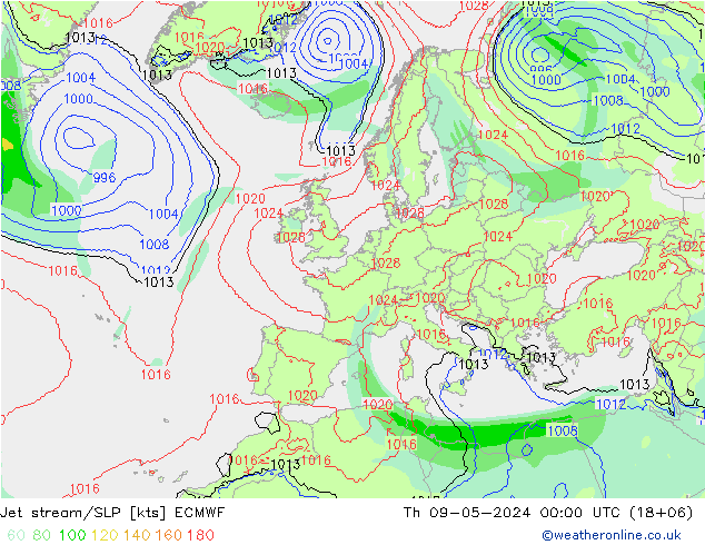高速氣流/地面气压 ECMWF 星期四 09.05.2024 00 UTC