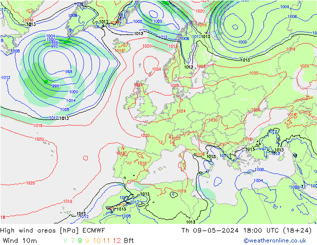 High wind areas ECMWF 星期四 09.05.2024 18 UTC