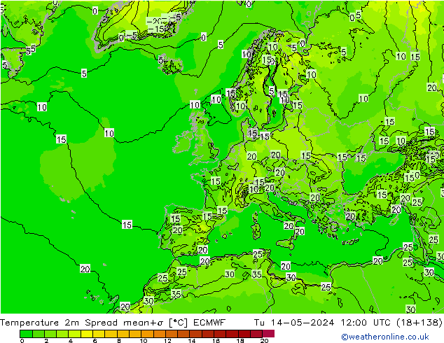 Temperature 2m Spread ECMWF Út 14.05.2024 12 UTC