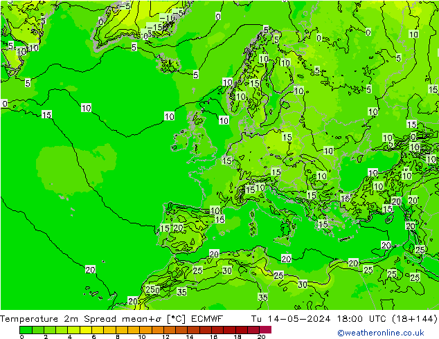 Temperaturkarte Spread ECMWF Di 14.05.2024 18 UTC