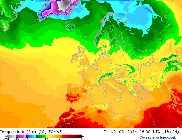 温度图 ECMWF 星期四 09.05.2024 18 UTC