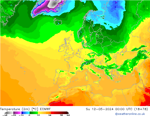 mapa temperatury (2m) ECMWF nie. 12.05.2024 00 UTC