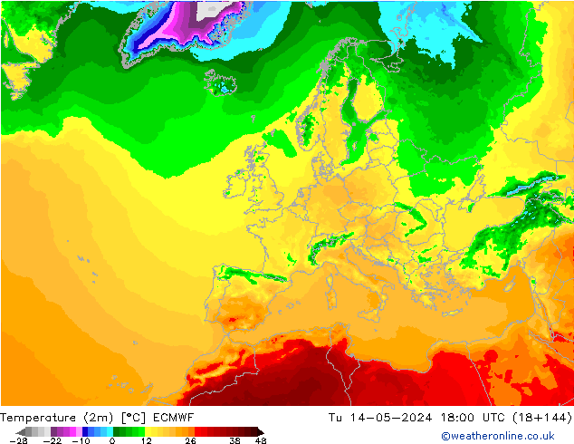 Temperature (2m) ECMWF Tu 14.05.2024 18 UTC