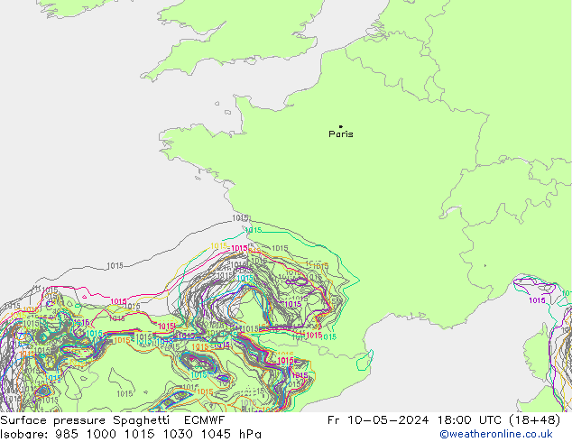 Bodendruck Spaghetti ECMWF Fr 10.05.2024 18 UTC