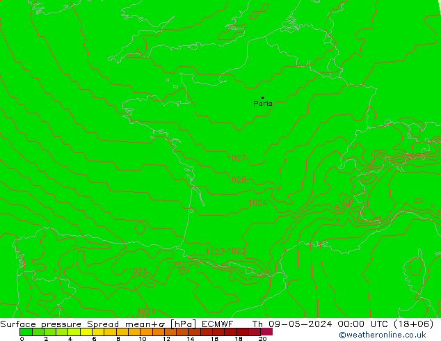 Atmosférický tlak Spread ECMWF Čt 09.05.2024 00 UTC